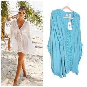 Koy Resort Wear Miami Kaftan Crochet NWT In Ocean Teal Blue - Viscose Size L